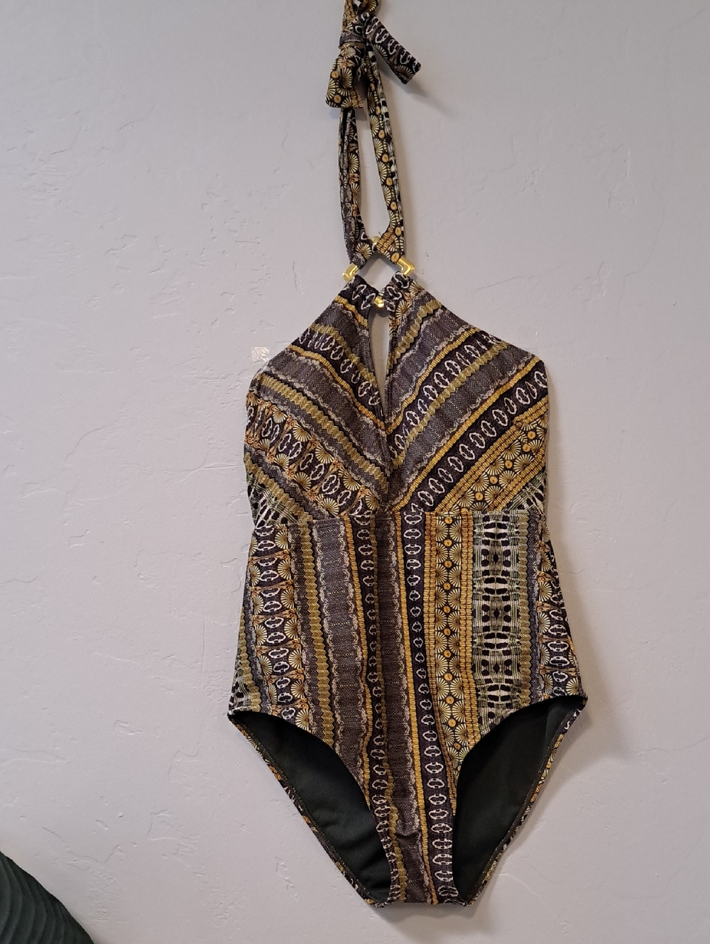 Patterned Halter One-Piece Swimsuit in Olive and Mustard